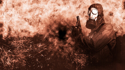 grown male stalker holds a gun pistol in his hand. He is dressed in a protective jacket with a hood, a gas mask. On a grunge brown background. Poster apocalyptic