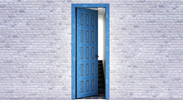 3d render of a blue door open on brick wall, 3d open door