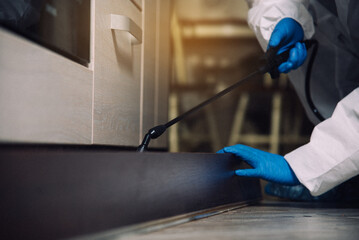 An exterminator in work clothes sprays pesticides with a spray gun. Fight against insects in...