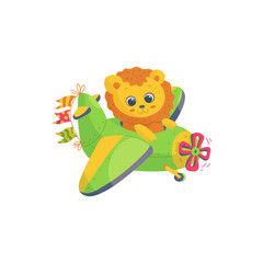 Cute lion travel on plane, cartoon pilot animal is flying on airplane at sky.