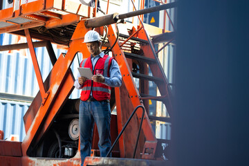 Marine and carrier insurance concept. Cargo container yard. Portrait caucasian man engineer worker wearing hardhat safety helmet and vest working in  logistic shipping yard.
