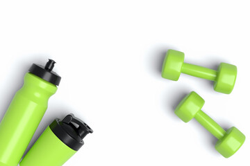 Isometric view of sport equipment like water bottle and dumbbell on white