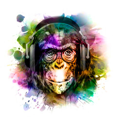 monkey dj head in headphone and eyeglasses with creative abstract elements on white background