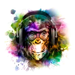Poster monkey dj head in headphone and eyeglasses with creative abstract elements on white background © reznik_val