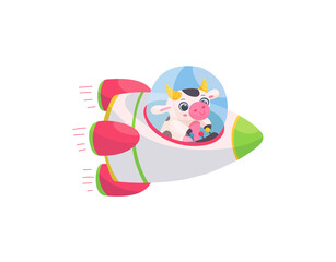 Funny cow in spaceship, cartoon flat vector illustration isolated on white background.