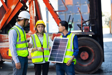 Professional  engineering team technician maintenance service and support of solar panels meeting in container yard. Solar energy, a clean and green alternative energy concept.
