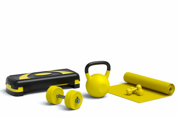 Obraz premium Isometric view of sport equipment like yoga mat, dumbbell and stepper on white