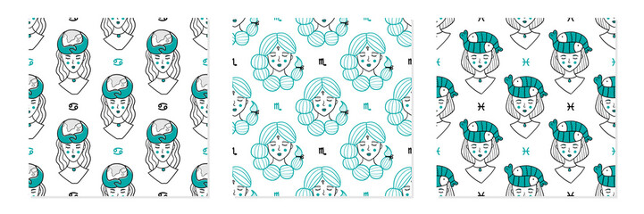 Set, collection of three vector seamless pattern backgrounds with water zodiac signs. Cancer, Scorpio, Pisces conceptual girls, female characters.
