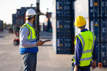 Two caucasian man engineer worker wearing hardhat safety helmet and vest working in  logistic shipping yard. Marine and carrier insurance concept. Cargo container yard.