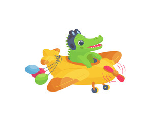 Cute crocodile pilot flying on plane or helicopter, flat vector illustration isolated on white background.