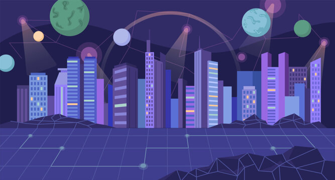 Futuristic city with skyscrapers, modern architecture and facades of buildings. Vector planets and celestial bodies in metaverse universe. Skyline with glowing effects. Virtual augmented reality
