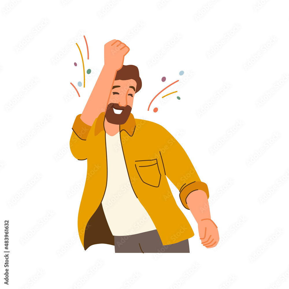 Poster man celebrating personal victory or success at home. vector male character with beard expressing joy