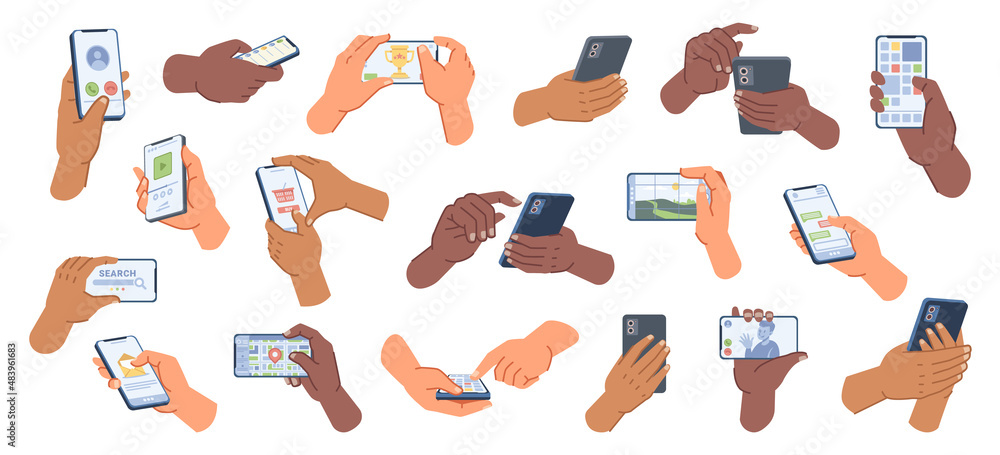 Aufkleber Users with smartphones looking at displays and interact with applications on mobile phones. Vector digital and virtual reality, online chatting and communication. Portable device for work cartoon set