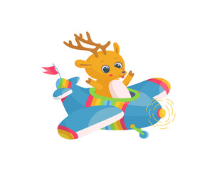 Naklejka premium Cute deer flying on airplane or helicopter in cartoon flat style, vector illustration isolated on white background.