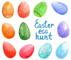 Watercolor set Easter eggs. Colored egg hunting. Hand drawn illustration isolated on white background.