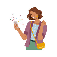 Girl reading positive news on smartphone. Vector isolated woman with cell phone celebrating victory and happy moment. Notification and surprise, winner and work opportunities. Flat cartoon character