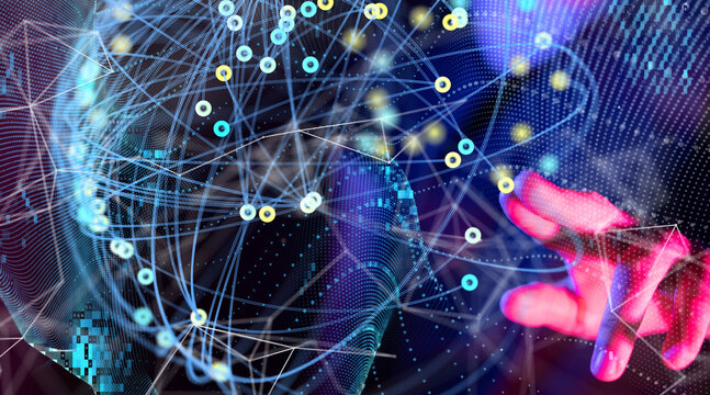 Global network. Blockchain. 3D illustration. Neural networks and artificial intelligence. Abstract