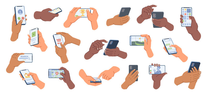 Users with smartphones looking at displays and interact with applications on mobile phones. Vector digital and virtual reality, online chatting and communication. Portable device for work cartoon set