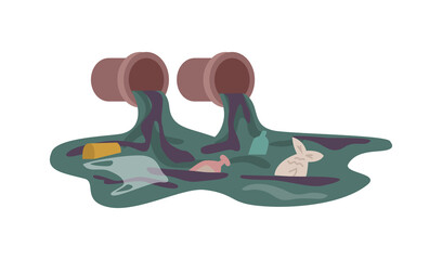 Water pollution and contamination with domestic and industrial garbage. Vector pipe with oil spill and plastic rubbish, polluted area harmful impact on wildlife and sea marine animals, flat cartoon