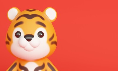 Portrait of a cute tiger on a red background. 3d rendering