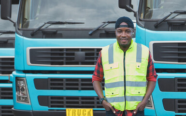 African Young Man owner Truck Driver happy Smiling confident near lorry.