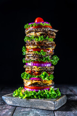 Big tall beef burger with lettuce, tomato, onion and pickles.