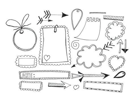 a Set of Graphic elements for the Daily Planner Bullet Journal on a white background. Frames, arrows, writing space, Doodling