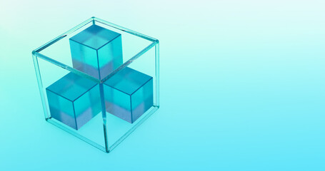 3D render of colored 3d cubes, glass box for display