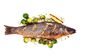 Seabass fried whole, with vegetables.
