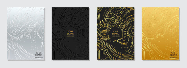 Cover design set. Multicolored backgrounds, unique golden grunge texture with sparkles and scratches. Geometric 3d pattern of lines. Collection of vector vertical templates for creative work.
