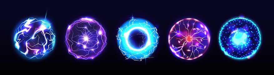 Electric energy spheres with lightning, electricity powerful natural elements. Vector plasma effect, glowing and shining sparks. Scientific experiment or search, molecule or cartoon atomic structure