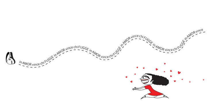 Illustrazione vettoriale personaggio ragazza donna innamorata assatanata ossessiva indiavolata cuori amore san Valentino correre rincorrere fuggire farfalla scia in amor vince chi fugge vestito rosso 