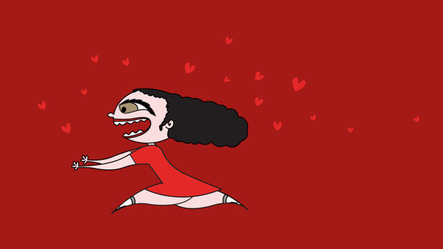 Illustrazione vettoriale personaggio ragazza donna innamorata assatanata ossessiva indiavolata cuori amore san Valentino correre rincorrere fuggire cuori vestito rorro rose romanticismo