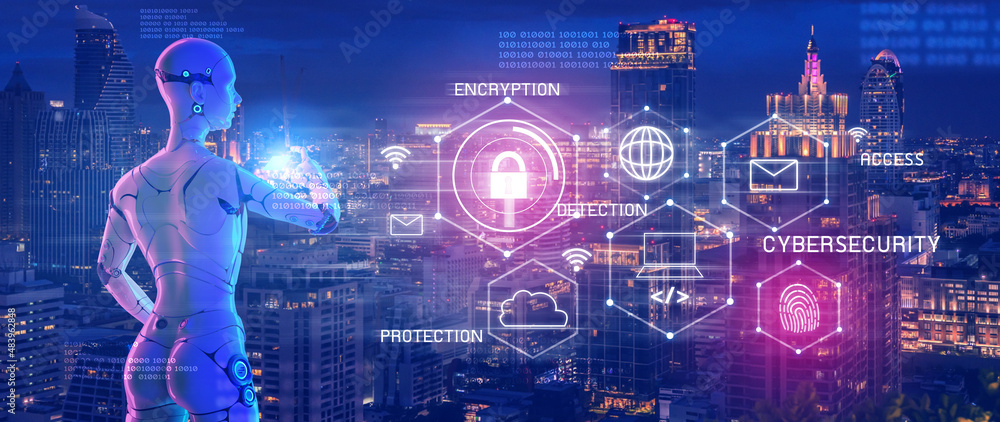 Poster cybersecurity, internet scam, cybercrime, 3d robot with graphic symbol of digital network technology