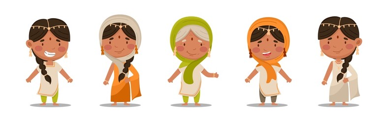 Indian women are a cute and fun set. Vector illustration in a flat cartoon style