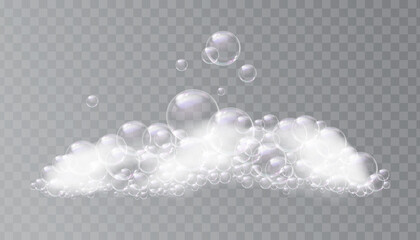 Soapy water with bubbles, foam from detergent or shower gel, shampoo or cosmetic products. Vector cleanliness and washing ingredients for household. Bubbly liquid isolated on transparent background