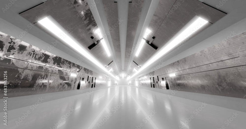 Poster 3d rendering. a corridor made of light marble with decorative elements on the wall extending into th