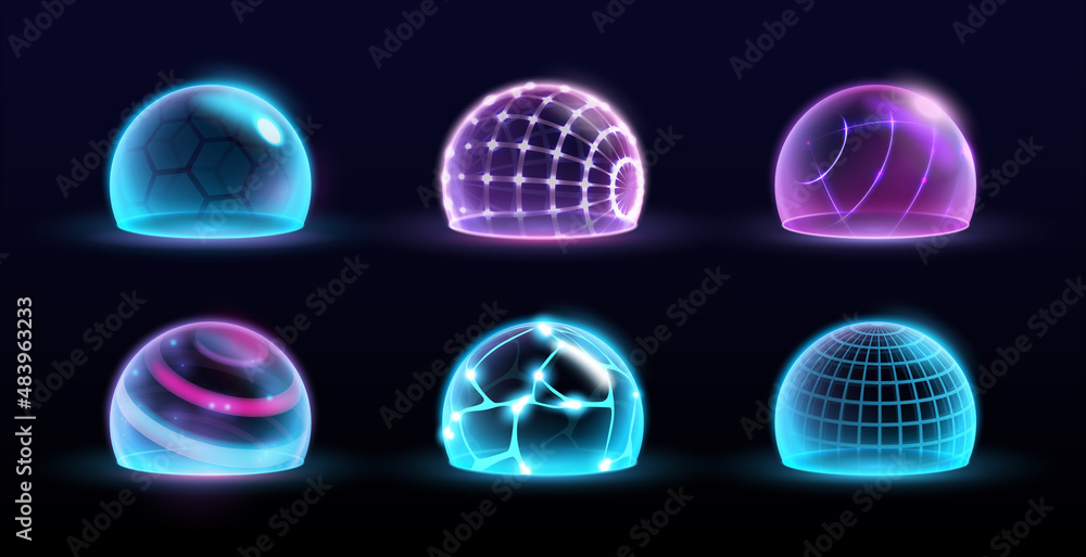 Wall mural Safe and protected hemispheres set, isolated neon spheres with grid and mesh. Vector protection and security, digital space design. Planet globe parts with connected lines forming shield, illustration