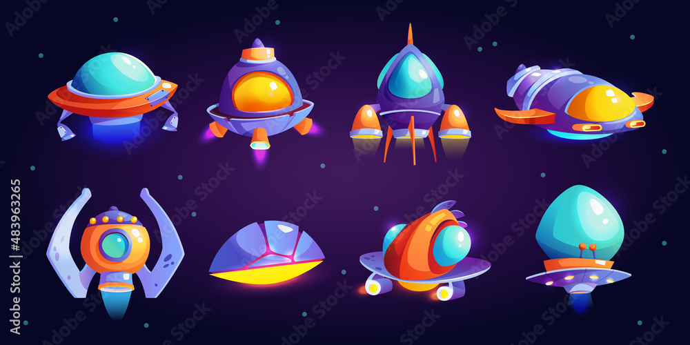 Aufkleber aliens and extraterrestrial dwellers transport, cartoon spaceships set. vector flying saucers of ufo