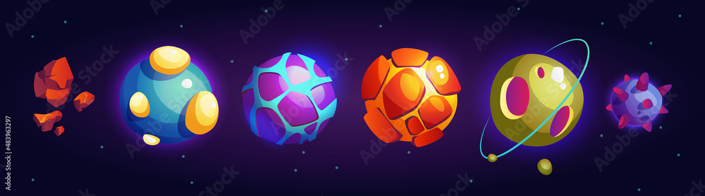 Poster fantasy celestial bodies, fictional planets from outer space and distant galaxies universes set. vec