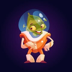 Outer space personage, friendly alien wearing suit with glass helmet. Vector protective costume for extraterrestrial traveling and galaxies exploration. Cosmic male character with smile on face