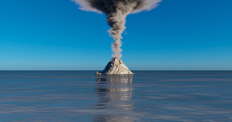 3d rendering. Illustration of a volcano eruption on a rocky island in the ocean against a blue sky. Emission of a large amount of smoke. - obrazy, fototapety, plakaty