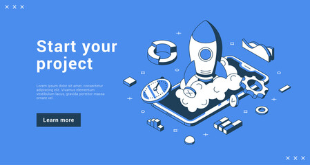 Start your project isometric internet banner landing page with place for text vector illustration. Online advertising developing successful startup business strategy with launching rocket smartphone