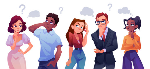 Businessman and team thinking on question and problem solution. Vector isolated students and teacher brainstorming. Confused flat cartoon characters showing pensive curious facial expressions © Sensvector