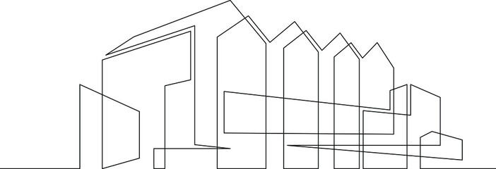 One continuous line.Continuous line drawing.Modern minimalist home. Residential city house. Architectural concept of the building.Line Art isolated white background. - obrazy, fototapety, plakaty