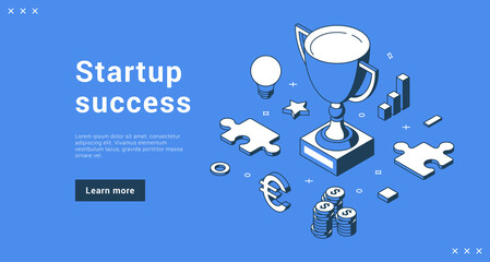 Startup success business achievement developing strategy financial growth solving problem landing page isometric vector illustration. Creative innovation idea leadership with cup championship award