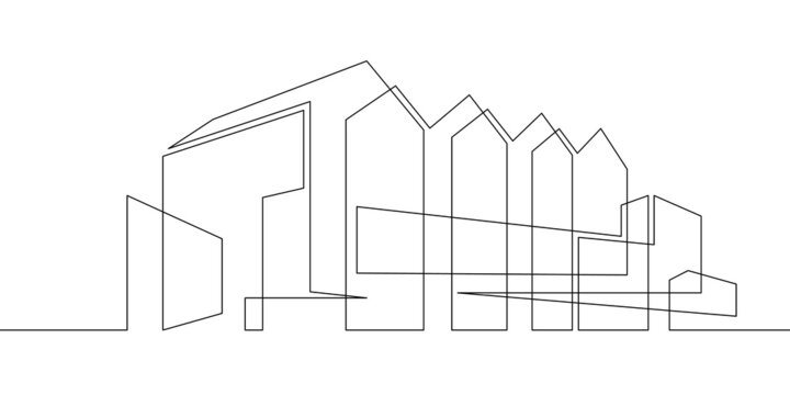 One continuous line.Continuous line drawing.Modern minimalist home. Residential city house. Architectural concept of the building.Line Art isolated white background.