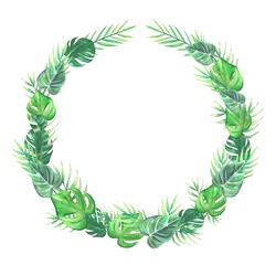 Watercolor tropical floral frame with green leaves