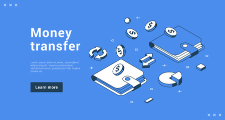 Money transfer between two wallet with cash coin currency and arrow landing page isometric vector illustration. Business banking financial commerce payment receive and send transaction retail shopping