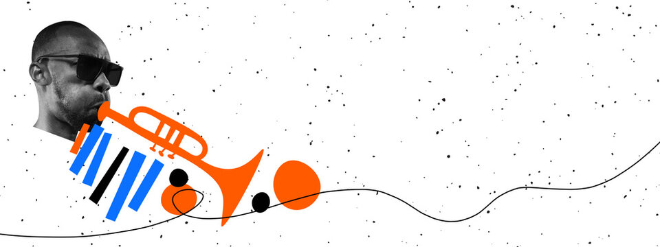 Creative retro design. Contemporary art collage of young stylish man playing trumpet isolated over light background